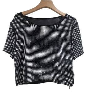 <b>Women's</b> <b>Sequined</b> Crop <b>Top</b> O-Neck Short Sleeve Loose Fit Solid Color Knitted T-Shirt Breathable Spring Summer Wear - Product Image 1