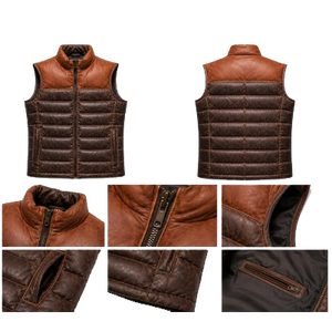 Gilet matelassé en cuir d'agneau véritable pour homme, style matelassage losanges, effet vieilli, sans manches - Product Image 6