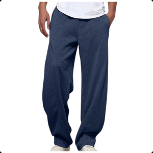 Pantalon de survêtement en coton bleu marine pour homme, taille élastique, coupe décontractée, poches latérales, tricoté mi-lourd, idéal pour l'automne - Product Image 5