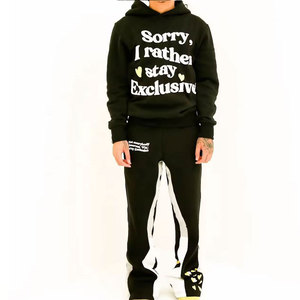 Ensemble de survêtement unisexe noir à capuche coupe-vent 2-en-1, sweat-shirt et pantalon de jogging en coton, style streetwear, taille élastique, automne - Product Image 5