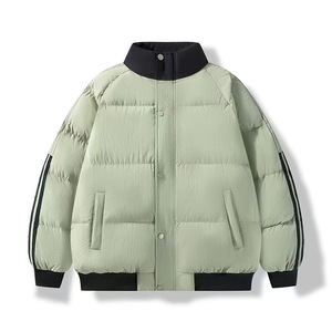 <b>Men's</b> Black Stand Collar Puffer <b>Jacket</b> With <b>White</b> Striped Sleeves Thick Polyester Winter Casual Coat Button Closure - Product Image 5