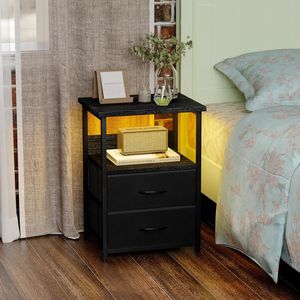 LED Nightstand with USB Ports Outlets and 2 Fabric Storage Drawers <b>Night</b> <b>Stand</b> with Charging Station PU Finish - Product Image 2