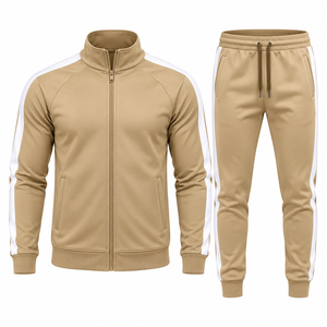 Conjunto Deportivo para Hombre, Color Beige, Chaqueta con Cierre Completo, Pantalones Jogger, Ropa Deportiva a Rayas - Product Image 1