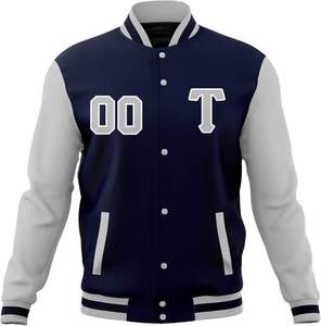 Men's Navy Blue Varsity <b>Jacket</b> With White Sleeves And Letter T Front Custom Name Number Back Preppy Style Regular Fit - Product Image 2