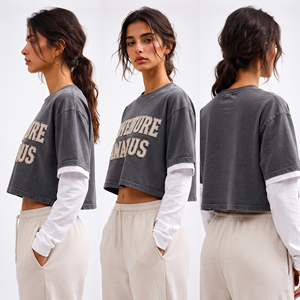 Wholesale Double Layer Crop T Shirt <b>Distressed</b> Embroidered Crew Neck Tee Drop Shoulder Stone Washed T-Shirt 100% Cotton Crop <b>Top</b> - Product Image 6