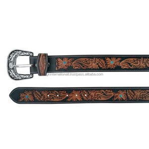 Cinturón de cuero repujado estilo western, acabado a mano, para hombre y mujer, con hebilla de latón con grabado floral. - Product Image 5