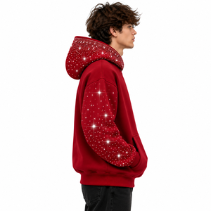 <b>Men</b>’s <b>Burgundy</b> Rhinestone Star Print Pullover <b>Hoodie</b> Premium Oversized Streetwear Sweatshirt - Product Image 4