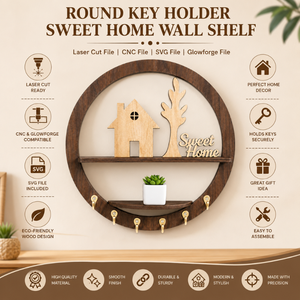 Modern Round Wooden <b>Key</b> Holder <b>Wall</b> Shelf <b>for</b> Entryway Decor | Decorative Sweet Home <b>Key</b> <b>Rack</b> with Storage Shelf & <b>Wall</b> Mounted - Product Image 4