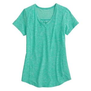 เสื้อยืดผู้หญิงคอวีแขนสั้นสีทึบผ้าถักลำลองทรงปกติสีเขียวอมฟ้า - Product Image 1