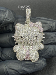 Pendentif personnalisé en argent 925, motif chaton 3D, entièrement serti de pierres, pour femme. - Product Image 1