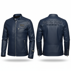 Veste de moto en cuir véritable noir pour homme, avec fermeture éclair au dos et embossage - Product Image 3