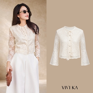 Women's Cream Lace Long Sleeve Bell Sleeve Blouse Crew Neck Sheer <b>Layer</b> Elegant Vintage Style Spring Summer <b>Top</b> GALI - Product Image 1