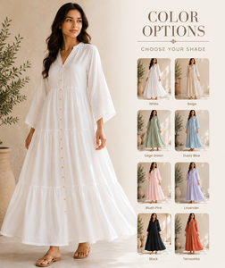 Elegante Vestido Maxi Blanco con Botones Delanteros y Volantes para Mujer, Vestido de Verano con Cuello en V y Manga Acampanada, Vestido Holgado de Playa, Vestido de Algodón al por Mayor - Product Image 2