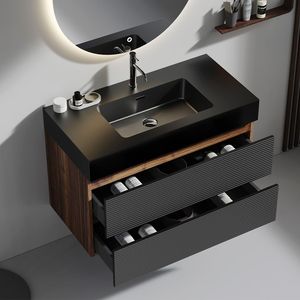 Mobile bagno Grace da 36 pollici in noce con lavabo in quarzo nero opaco, cassetti neri opachi, design sospeso a parete - Product Image 1