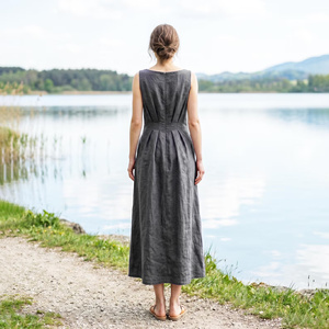 Cotton V-neck <b>Bell</b> <b>Sleeve</b> A-Line High Waist Breathable Bow Pockets Vintage Casual Daily All Seasons Midi Handmade <b>Dress</b> - Product Image 2