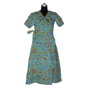 Prix usine en gros indien fait à la main bloc imprimé vêtements d'été femmes court caftan peignoir robe occidentale tissu Textile - Product Image 6