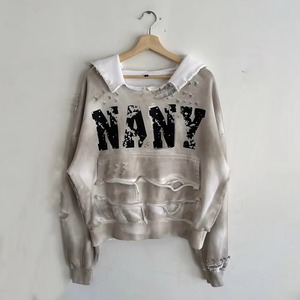 Custom Dirty Wash Vintage Print Jacket Hanging Mill <b>Clips</b> Distressed Rip Hole Cut <b>Collar</b> Cropped Double Layer Thermal Hoodie Men - Product Image 3