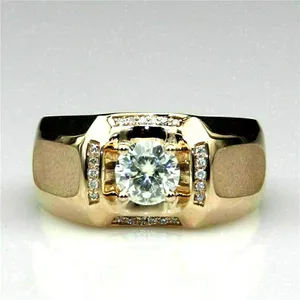 Moissanite Mens Iced Out Gold Plated 925 <b>Silver</b> Vintage <b>Statement</b> <b>Ring</b> Round Cut Center Stone Claw Setting 18gm - Product Image 2