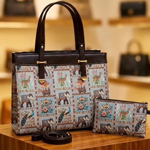 Sac fourre-tout jacquard fait main avec motif éléphant et paon, avec pochette assortie - Product Image 1