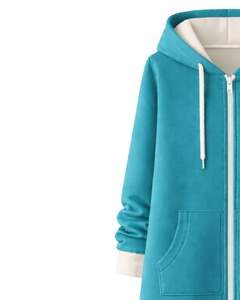 Sudadera con capucha larga con cremallera, color azul verdoso, abrigo de invierno de forro polar para mujer, ropa exterior informal de gran tamaño con bolsillos, OEM personalizado - Product Image 4