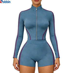 Conjunto Deportivo de 2 Piezas para Mujer, Estilo Hip Hop, Verano, Top de Manga Larga con Cierre, Pantalones Cortos, Color Sólido, Ajuste Deportivo, Spandex, Poliéster, Transpirable - Product Image 3