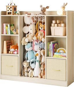 Meuble de rangement multifonctionnel en bois pour enfants avec 2 bacs en tissu et fentes verticales – Étagère haute pour jouets d'enfants pour la maison - Product Image 1