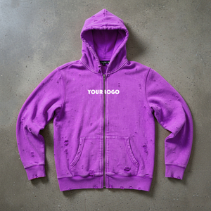 Sweat à capuche zippé intégral pour homme, 100% coton épais, délavé à l'acide, déchiré, teint sur mesure, style streetwear - Product Image 1