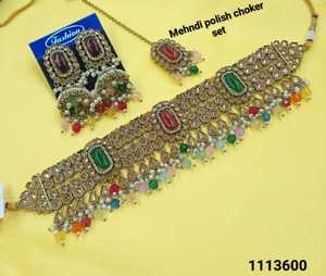 Antique Gold Mehndi Polish Jewelry <b>Set</b> 3 Pcs SeaGreen <b>Beads</b> Choker Necklace With Jhumka Maang Tikka Indian Wedding Jewelry Women - Product Image 4