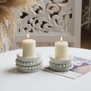 Support de bougie en bois perlé blanc vieilli, style rustique chic, rond, pour centre de table - Product Image 4