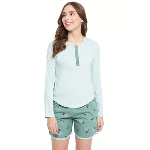Winter Wear Women <b>Twin</b> <b>Set</b> Lightweight 100% Cotton Long Sleeve Pajama <b>Set</b> Casual Top Printed Short with Oem service - Product Image 1