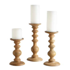 Ensemble de 3 bougeoirs en bois écologiques, design personnalisable, finition polie, décoration de table antique, éclairage - Product Image 1