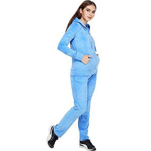 Ensemble de survêtement bleu à capuche pour femme, manches longues, fermeture éclair, couleur unie, tenue décontractée avec poches latérales, polyester mi-lourd - Product Image 3