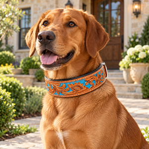 Collar de Cuero Turquesa Hecho a Mano para Perro, Acolchado, Estilo Western, con Grabados Florales |   Arnés Canino Ajustable de Alta Resistencia con Hebilla - Product Image 3