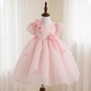 Robe de bal de princesse pour petites filles de 1 à 12 ans, en satin blanc de luxe et tulle, ornée de perles et de fleurs 3D, longueur genou, pour mariage et fête - Product Image 1