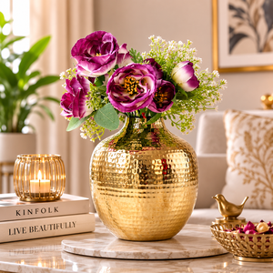 Florero de latón martillado hecho a mano |   Jarrón Decorativo de Metal Dorado |   Centro de Mesa Redondo para Decoración del Hogar |   Jarrón de Latón al por Mayor - Product Image 3