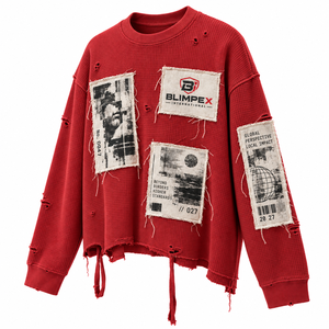 Custom Distressed Patchwork Sweatshirt Oversized Red <b>Waffle</b> Knit Streetwear Crewneck with Original Artwork OEM Private Label - Product Image 1