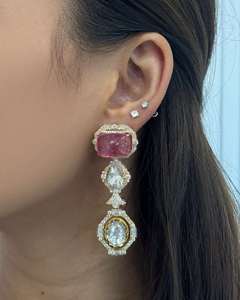 <b>Moissanite</b> Diamond Pink Stone Multi Shape Long Dangle <b>Earrings</b> Vintage Rhodium 10K 14K 18K Gold 925 935 Silver Wedding Luxury - Product Image 2