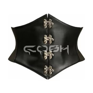 Ceinture Corset Amincissante Sous-Poitrine en Cuir Noir avec Baleines en Acier et Fermoirs Métalliques Argentés |   Achetez maintenant - Product Image 1