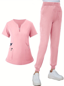 Ensemble de Blouse et Pantalon Médical Femme Rouge Haute Qualité 2026 en Coton et Polyester Tricoté, Col en V, Fermeture Éclair sur le Devant, avec Poches - Product Image 5