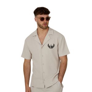 <b>Mens</b> <b>Cuban</b> Collar Button <b>Shirt</b> Short Sleeve Casual Vacation Camp Lightweight Breathable Summer Beachwear Solid 100% Cotton Twill - Product Image 1