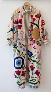 Bata de mujer con cuello en V, 100% algodón, 480g, reversible, bordada con motivos florales azules, hecha a mano, tipo kimono largo, con cinturón, para estar en casa o descansar. - Product Image 5