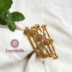 Floral Gold Plated Titanium <b>Bangle</b> <b>Bracelet</b> with Pearl and Diamond Accents - Product Image 1