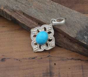 Blue Turquoise Sterling Silver Bezel Setting Vintage Style Ethnic Statement Pendant Children's Women's Unisex Gift - Product Image 4