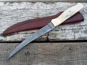 Handmade Damascus Steel Fillet <b>Knife</b> with Cow <b>Bone</b> <b>Handle</b> and Leather Sheath for Outdoor Activities - Product Image 5