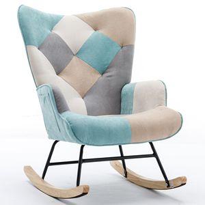Fauteuil à bascule patchwork confortable de 36,6 pouces avec accoudoirs et pieds en bois massif pour salon - Product Image 4