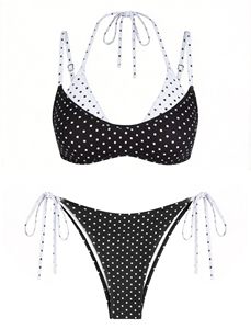 Conjunto de Bikini de Mujer con Estampado de Puntos, Traje de Baño de Dos Piezas con Tiras Laterales y Bloques de Color, Venta al Por Mayor OEM - Product Image 1