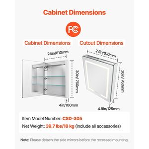 Armadietto a Specchio LED da Incasso 24 X 30 con Illuminazione e 3 Colori Dimmerabili per Bagno - Product Image 2