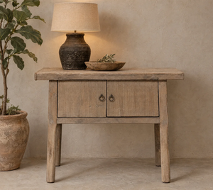 Console rustique en bois massif avec armoire de rangement, finition antique, meuble d'entrée ou de salon - Product Image 1
