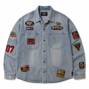 Cotton Denim Button Down <b>Bleached</b> Blue Grandprix Shacket With Racing Emblem Applique Unisex Hypebeast Apparel Bulk - Product Image 3