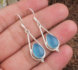 Wholesale Vintage Natural Blue Chalcedony 925 <b>Sterling</b> <b>Silver</b> Gold Plated Drop Earrings High Quality Anniversary Gift Party - Product Image 2